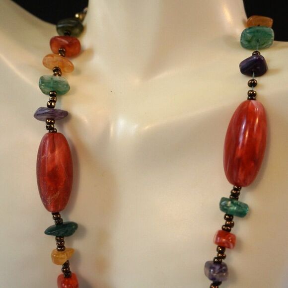 Choker Necklace Polished Multi Colored Gemstone Beads 15 Inch Long - Picture 2 of 7